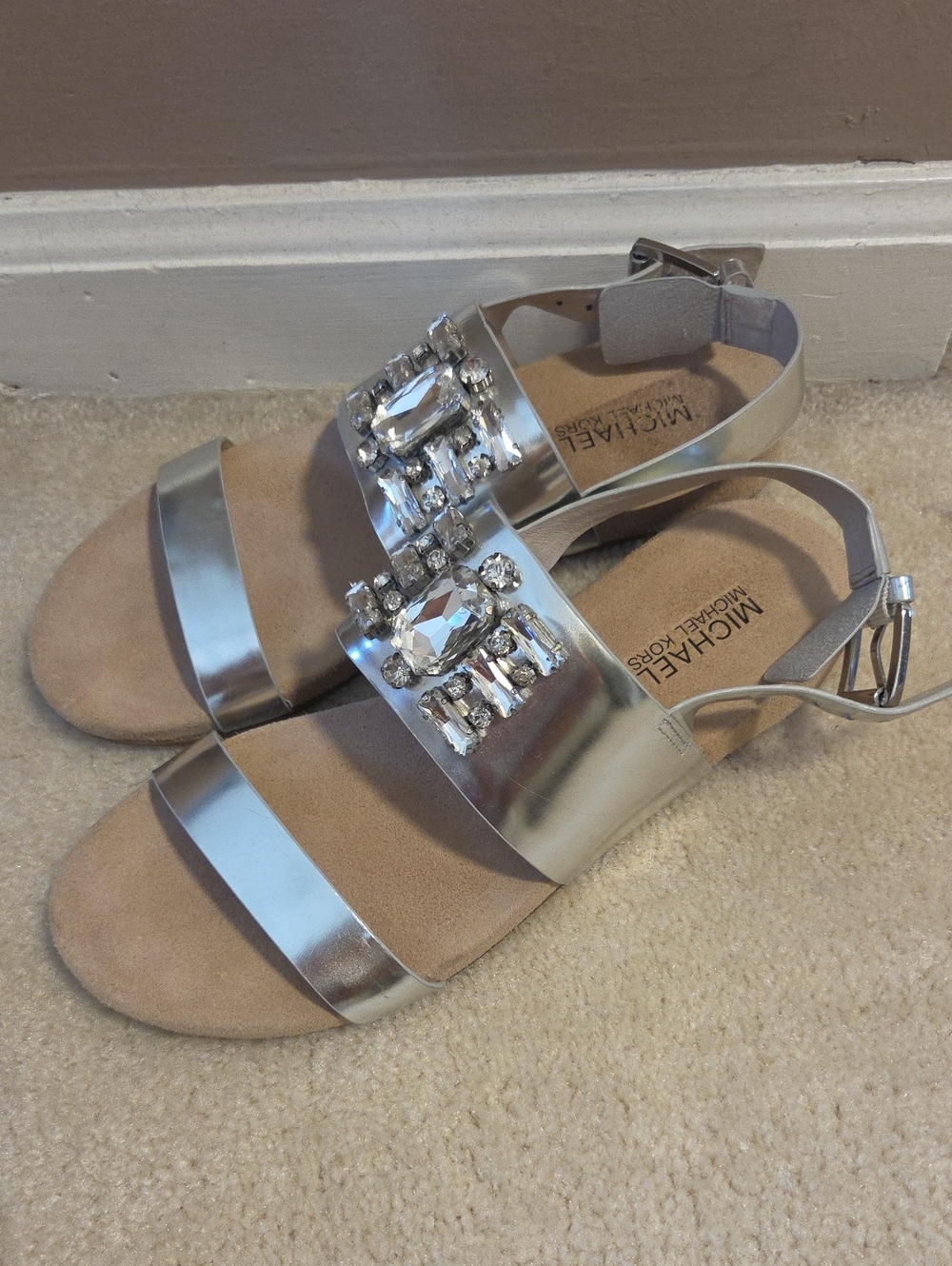 MICHAEL Michael Kors Metallic Silver Jeweled Strap Sandals